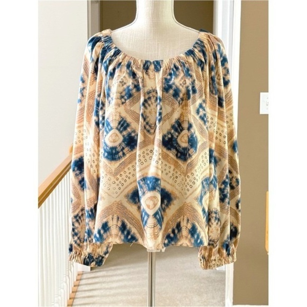 Ulla Johnson Silk Tie Dye Blouse Blue Tan Geometric Long Sleeve Top 14